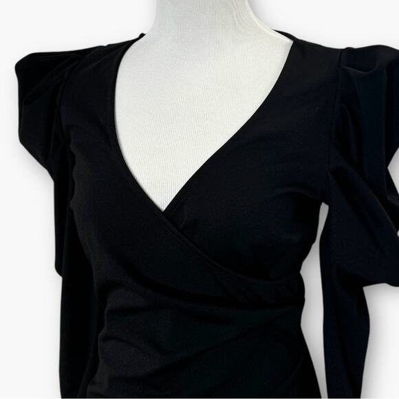 Vintage Gibiu Black Bodycon Faux Wrap Structured Shoulder Dress L - Picture 4 of 11